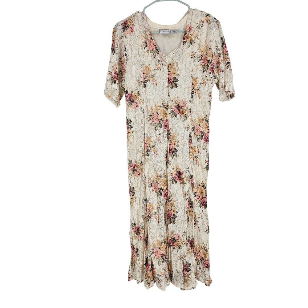 Vintage 80s 90s y2k Dress White Lace Floral Roses Grunge Whimsigoth Maxi Size L